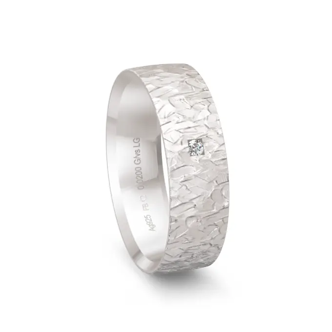 Breiter 925er Silber Trauring mit Strukturierung und Labor-Diamanten