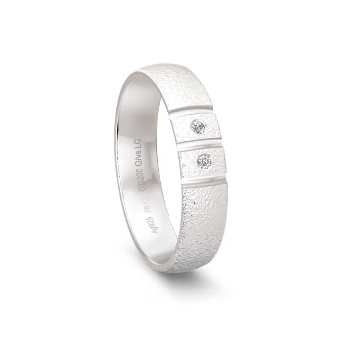 925er Silber Trauring mit polierter Strukturierung und 2 Labor-Diamanten