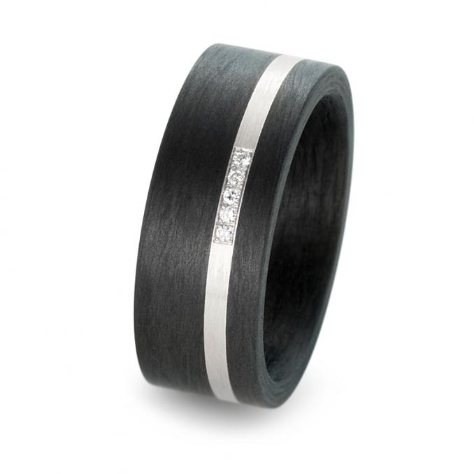 Außergewöhnliche Partnerringe Eheringe Carbon mit einem Palladium 500 Seitenstreifen und Brillanten