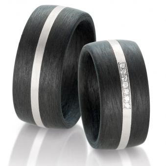 Breite Partnerringe Eheringe Carbon mit einem  Weißgold 585 Streifen und Brillanten 59316/003/005/N5
