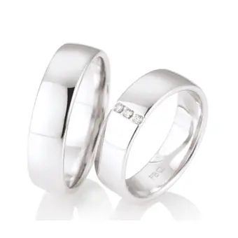 6 mm breite polierte Weißgold Eheringe mit drei Diamanten in Vertiefung