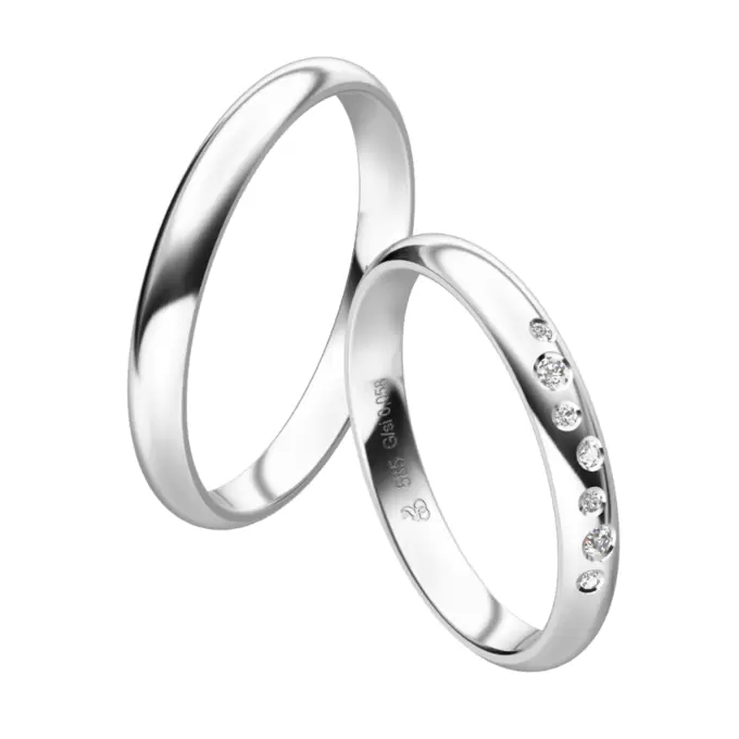 Eheringe aus poliertem Weißgold mit 7 Diamanten in Sternenhimmel Design
