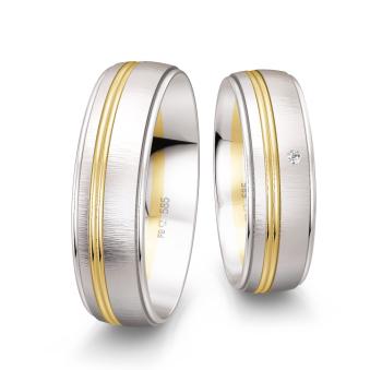 Weißgold Eheringe quermattiert mit Fuge in Gelbgold mit Diamant
