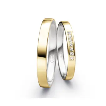Schmale Weißgold und Gelbold Eheringe mit 7 Diamanten