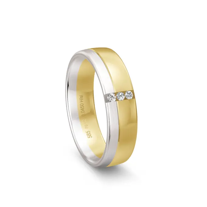 Bicolorer Gelbgold Ehering mit Weißgold-Streifen und 3 Diamanten je 0,015 Karat