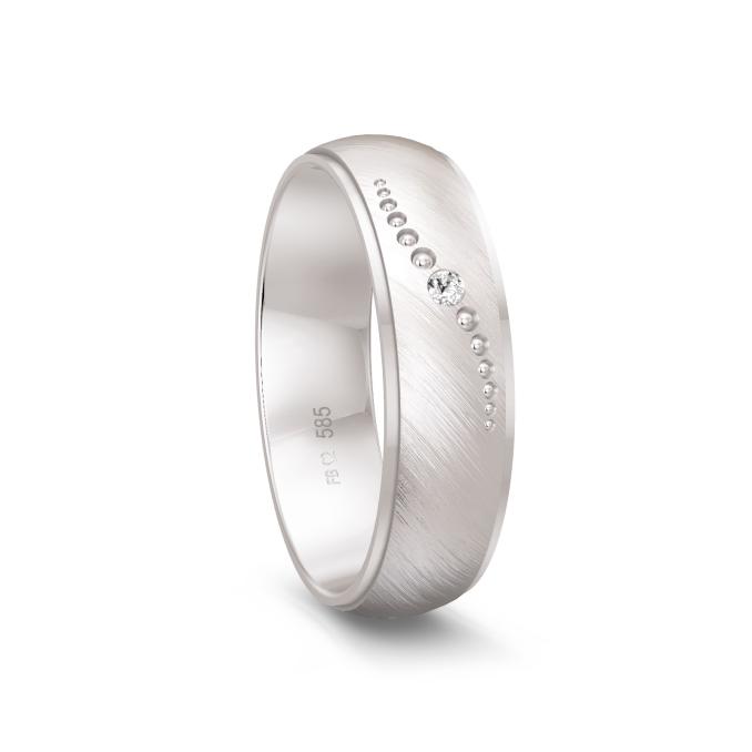 Ehering aus mattiertem Weißgold mit Diamanten und Muster aus Kreisen