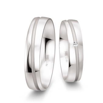 Weissgold Eheringe mit Polierung und matter Mittelfuge und Diamanten