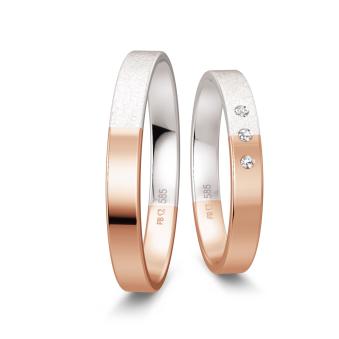 Trauringe aus Weißgold und Roségold mit Polierung und Eismattierung und 3 Diamanten