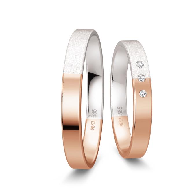 Trauringe aus Weißgold und Roségold mit Polierung und Eismattierung und 3 Diamanten