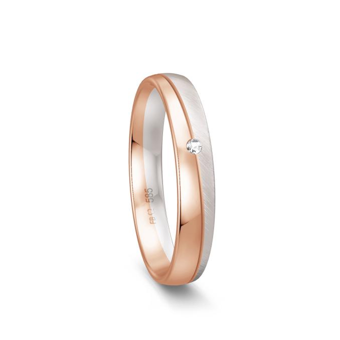 Trauring aus poliertem Roségold und mattiertem Weißgold mit diagonaler Rille mit Diamant