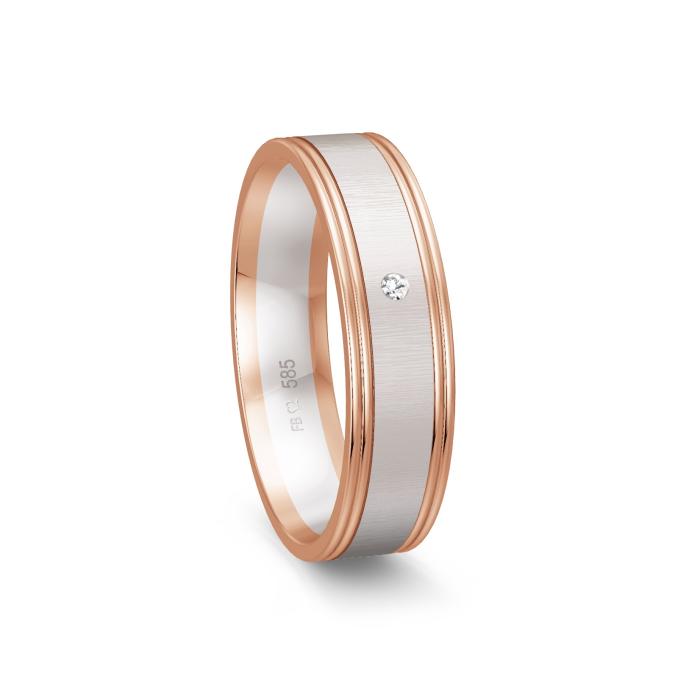 Quermattierter Weißgold Ehering mit Rotgold Rändern und Diamanten