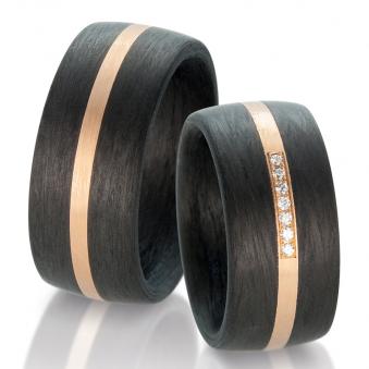 Breite Partnerringe Eheringe Carbon mit einem  Roségold 585 Streifen und Brillanten 59316/003/005/N5