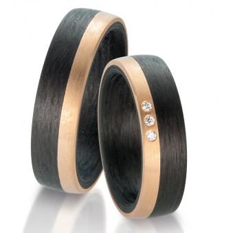 Schöne Partnerringe Eheringe Carbon mit einem  Roségold 585 Streifen und Brillanten 59317/003/003/N5