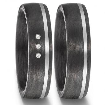 Bicolore Trauringe aus Carbon&Weissgold mit drei Diamanten in elegantem Design 8926924
