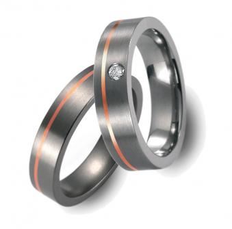 Schmale Eheringe Partnerringe aus Titan, mattiert, mit Rotgold und Brilliant 51279/001/005/7203