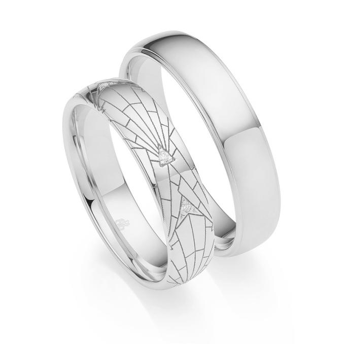 Art Deco Eheringe aus poliertem Weißgold mit Diamanten