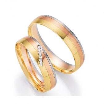 Farbenfrohe Eheringe aus Weiß-,Gelb- & Rotgold mit Diamanten in Sonnenuntergang-Optik 4560100