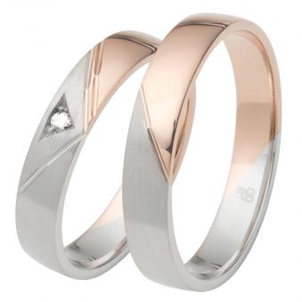 Aufnahme von matt und poliert gestalteten Eheringen aus Roségold&Weissgold mit Diamant