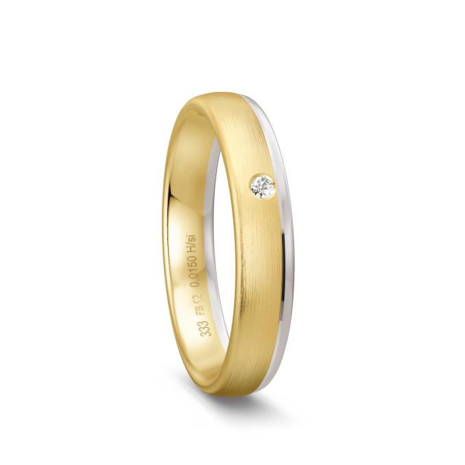 Ehering aus mattiertem Gelbgold mit poliertem Rand aus Weißgold mit Diamant