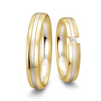 Eheringe aus poliertem Gelbgold mit mattem Streifen aus Weißgold und Diamant