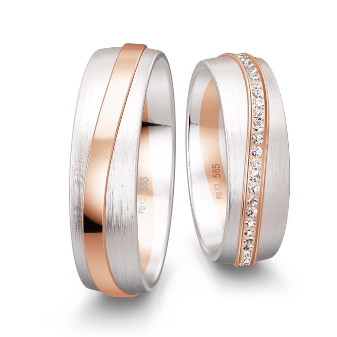 Eheringe aus Weißgold/Rotgold in Mattierung mit Band aus Diamanten
