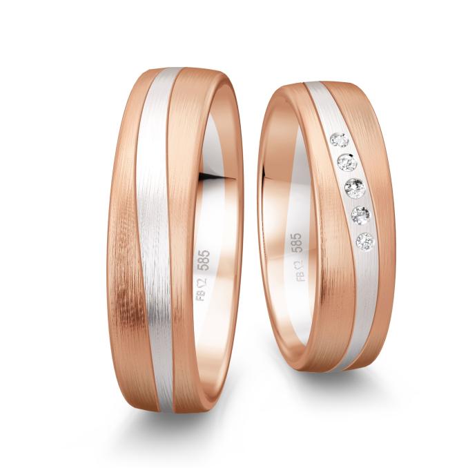 Eheringe aus mattem Rotgold mit Streifen aus Weißgold und 5 Diamanten
