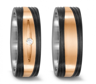 Partnerringe Eheringe aus Titan Carbon längsmattiert mit Diamant TitanFactory 52535