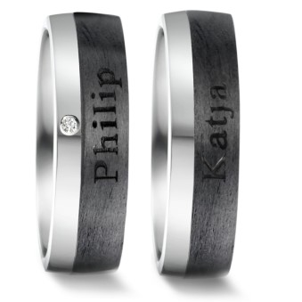 Matte Carbon Partnerringe Eheringe mit poliertem Weißgold mit einem Diamanten Außengravur 62635