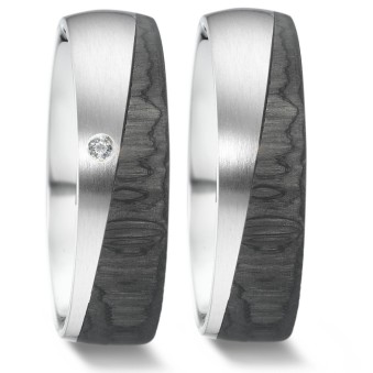 Carbon Partnerringe Eheringe mit Weißgold mit einem Diamanten 6mm breit 2mm stark 62318