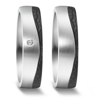 Weißgold Ringe Partnerringe Hochzeitsringe mit Carbon Streifen längsmattiert mit einem Diamanten Wei