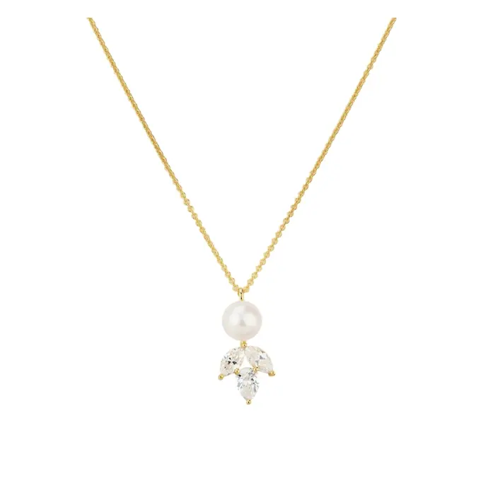 Kette aus goldplattiertem Silber 925 mit 3 Zirkonia und Perle