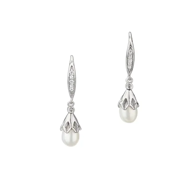 Rhodinierte Silber 925 Ohrhänger mit Perlentropfen und Zirkonia