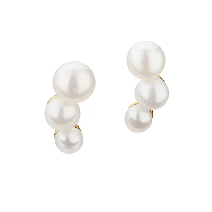 Silber 925 Ohrstecker mit je drei Perlen und Goldplattierung