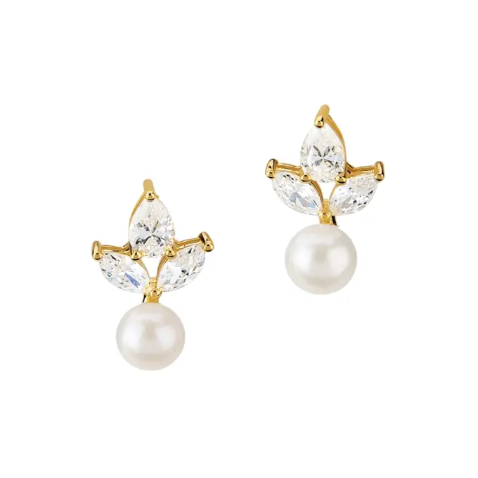 Goldplattierte Silber 925 Ohrstecker mit Zirkonia und hängender Zuchtperle