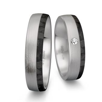 Eheringe aus längsmattem Palladium mit Carbonstreifen mit Diamanten