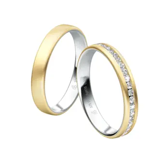 Zweifarbige Plagentum und Gelbgold Eheringe mit 21 Labor Diamanten in Reihe