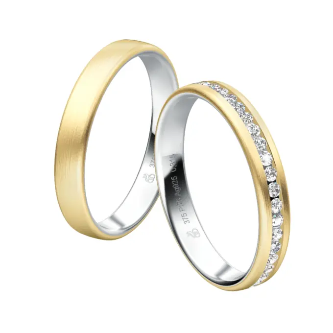 Zweifarbige Plagentum und Gelbgold Eheringe mit 21 Labor Diamanten in Reihe