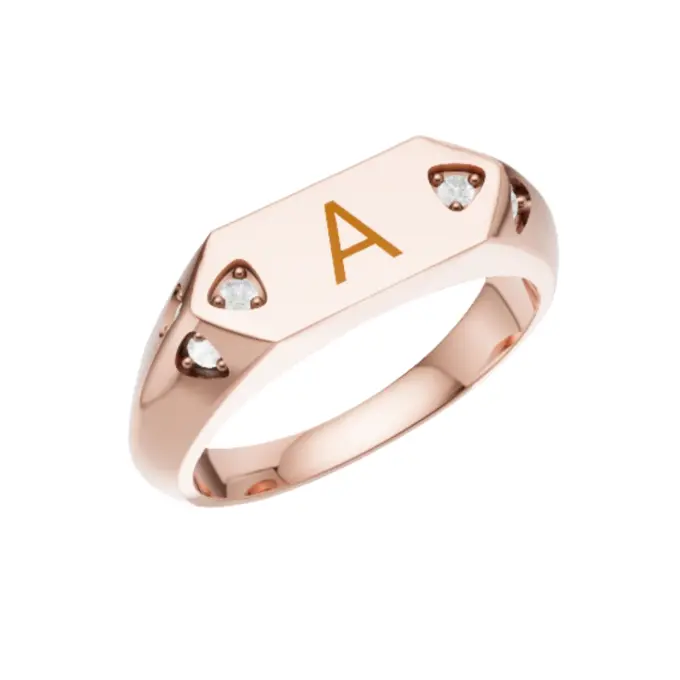 Siegelring aus poliertem Roségold 375 mit Buchstaben und Zirkonia oder Diamanten