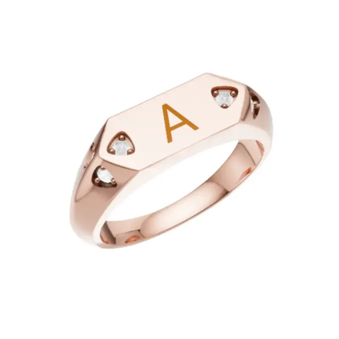 Siegelring aus poliertem Roségold 375 mit Buchstaben und Zirkonia oder Diamanten