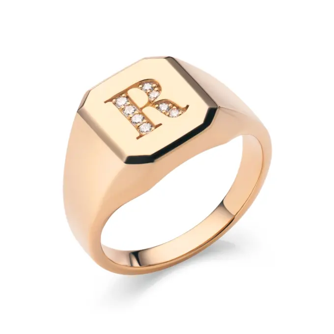 Siegelring aus Roségold 375 mit selbstgewähltem Buchstaben mit Steinen