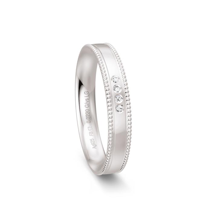 Silber 925 Ehering mit Polierung und Millgriff am Rand mit Diamanten