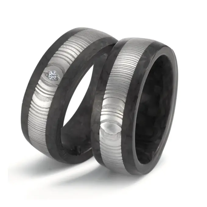 Carbon & Damaszener-Stahl Eheringe Maserung mit strukturierter Oberfläche und Maserung