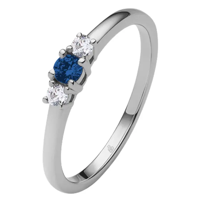 Märchenhafter Weißgold Verlobungsring mit zwei weißem und einem blauen Saphir 9475