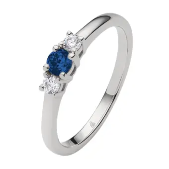 Weißgold Verlobungsring mit zwei weißem und einem blauen Saphir 9492