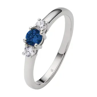 Weißgold Verlobungsring mit mittig blauem Saphir in Krappenfasung