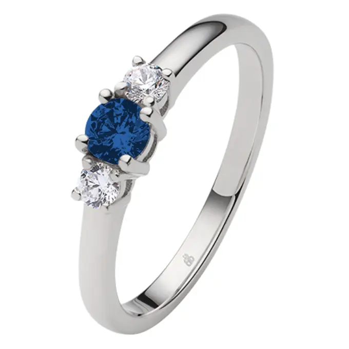 Weißgold Verlobungsring mit mittig blauem Saphir in Krappenfasung