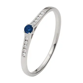 Weißgold Verlobungsring mit blauem Saphir mittig und Pavé-Fassung