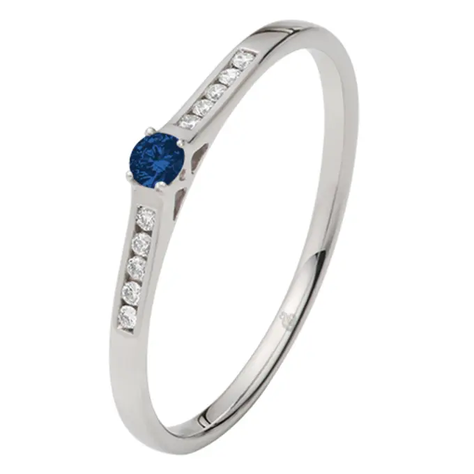 Weißgold Verlobungsring mit blauem Saphir mittig und Pavé-Fassung