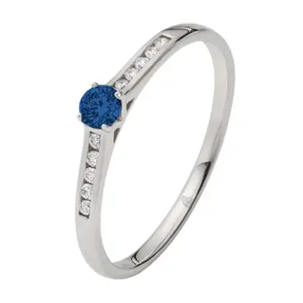 Weißgold Verlobungsring mit blauem Saphir in der Mitte und Pavé-Fassung 