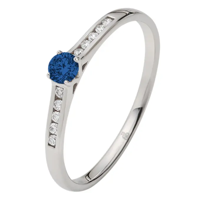 Weißgold Verlobungsring mit blauem Saphir in der Mitte und Pavé-Fassung